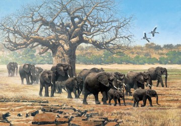 象 Painting - コウノトリとバオバブを持つゾウの群れ